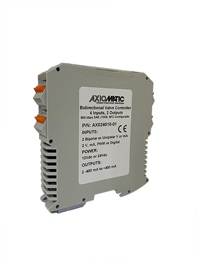 4 Inputs, 2 Bidirectional 0-400 mA Outputs Valve Controller, 500 Kbps SAE J1939, DIN Rail Mount, NFC